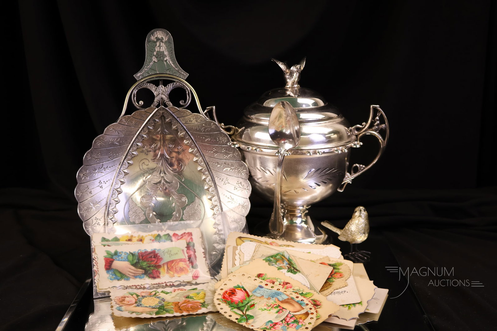 4 pc Lot Victorian Silverplate Card Receiver Sugar Castor & More: Four lovely examples of beautiful and cherished Victorian silverplate items. This lot offers a card receiver that is complete with Victorian calling cards. A William Rogers Sugar Castor. A sweet littl
