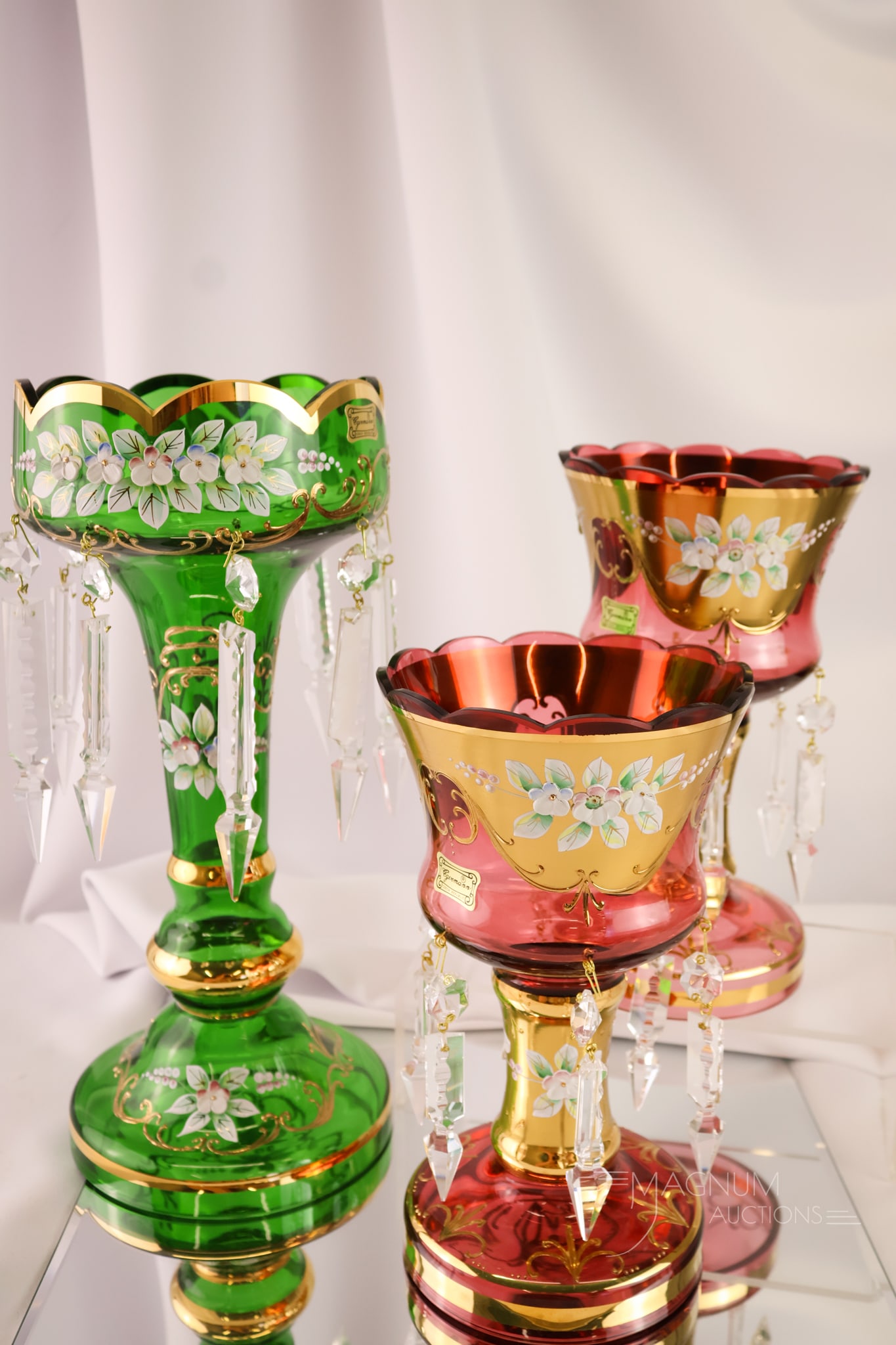 3 pc Egermann Gilt Enamelled Art Glass Mantle Lusters (1 of 13)