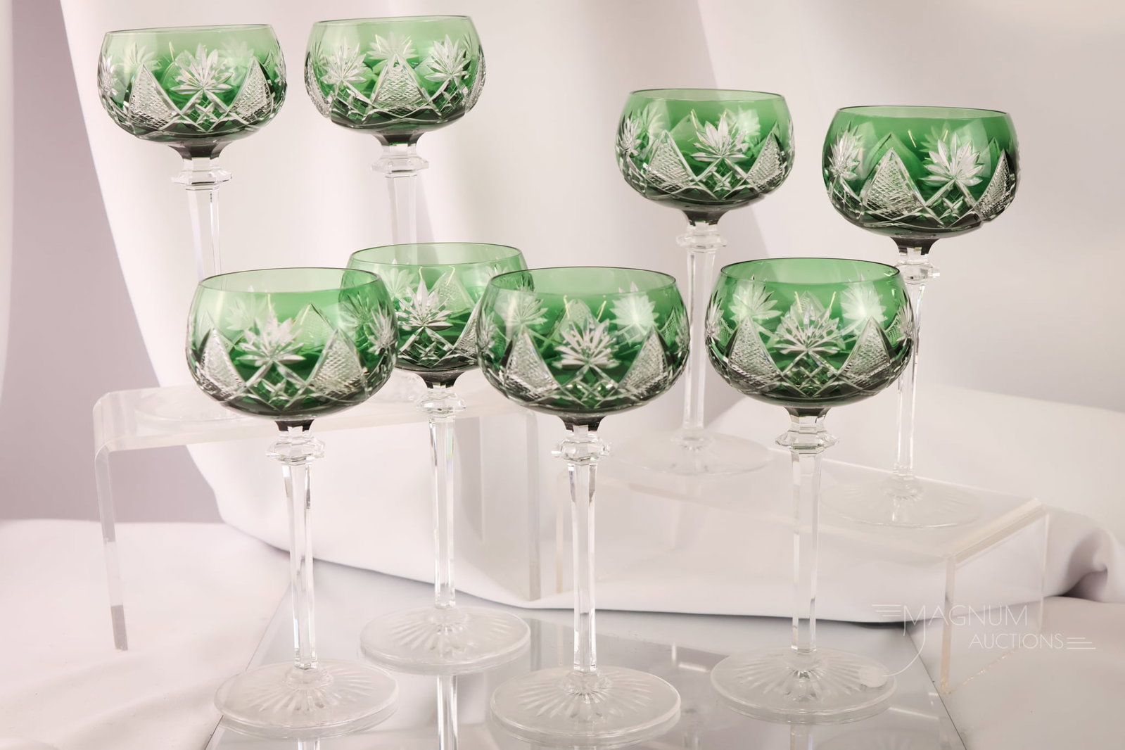 8 pc Set Val St. Lambert Green Cut to Clear "Berncastel" Pattern Goblets (1 of 8)