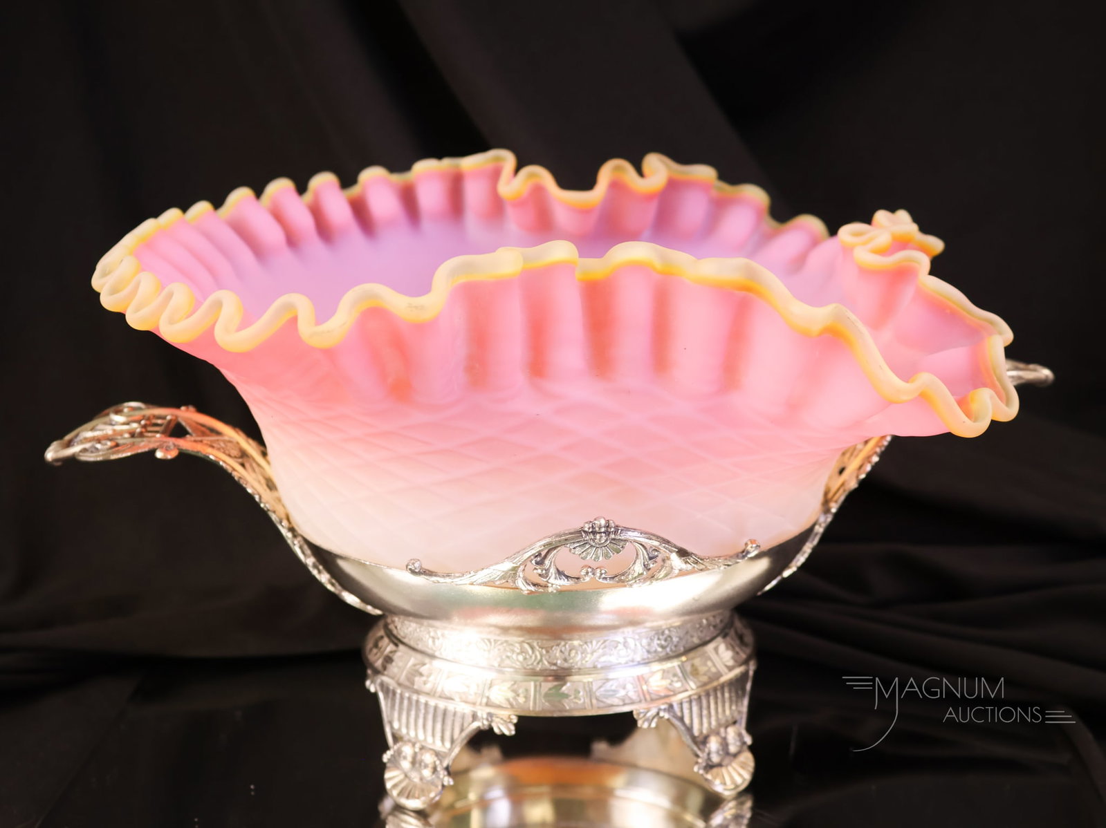 Webster Silverplate Victorian Cut Velvet Brides Basket Bowl Centerpiece: Another select fin in our auction of beautiful fineries. This is a signed Webster silverplate bride's basket bowl centerpiece. This one features a pink opal satin diamond quilted cut velvet-type bowl 