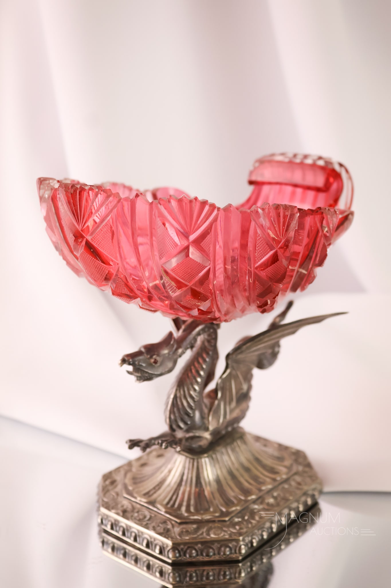 Figural Silverplate Dragon Cranberry Cut Glass Shell Form Compote (1 of 11)
