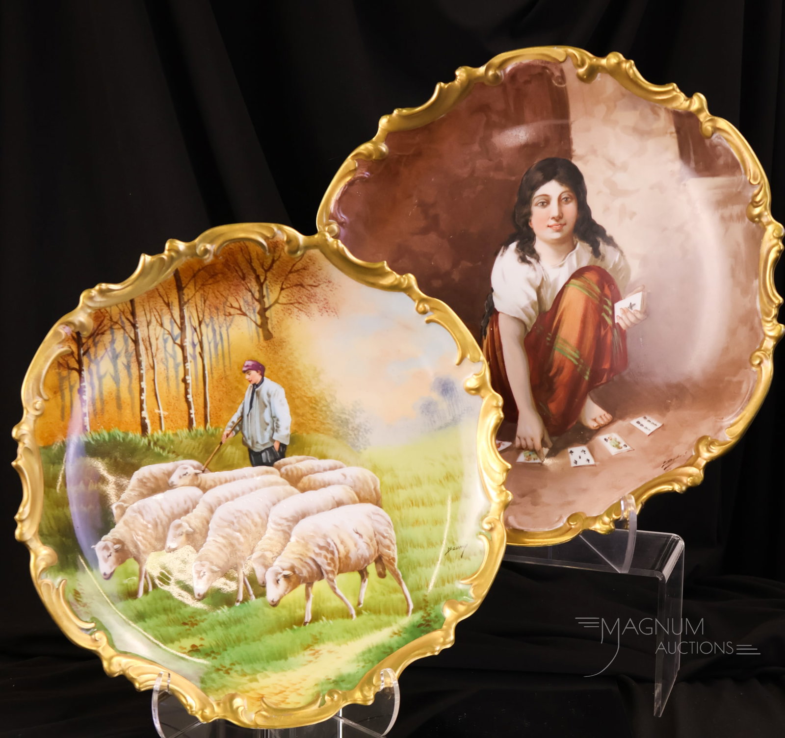 2 pc Lot Artist Signed Limoges Plaques "Card Player" & "Sheehearder": Two beautiful artist-signed plaques in Limoges porcelain. The first is a signed "Dubois" depicting a Gypsy card player. The second features a shepherd. It is signed "Baumy."The largest measures 2" tal