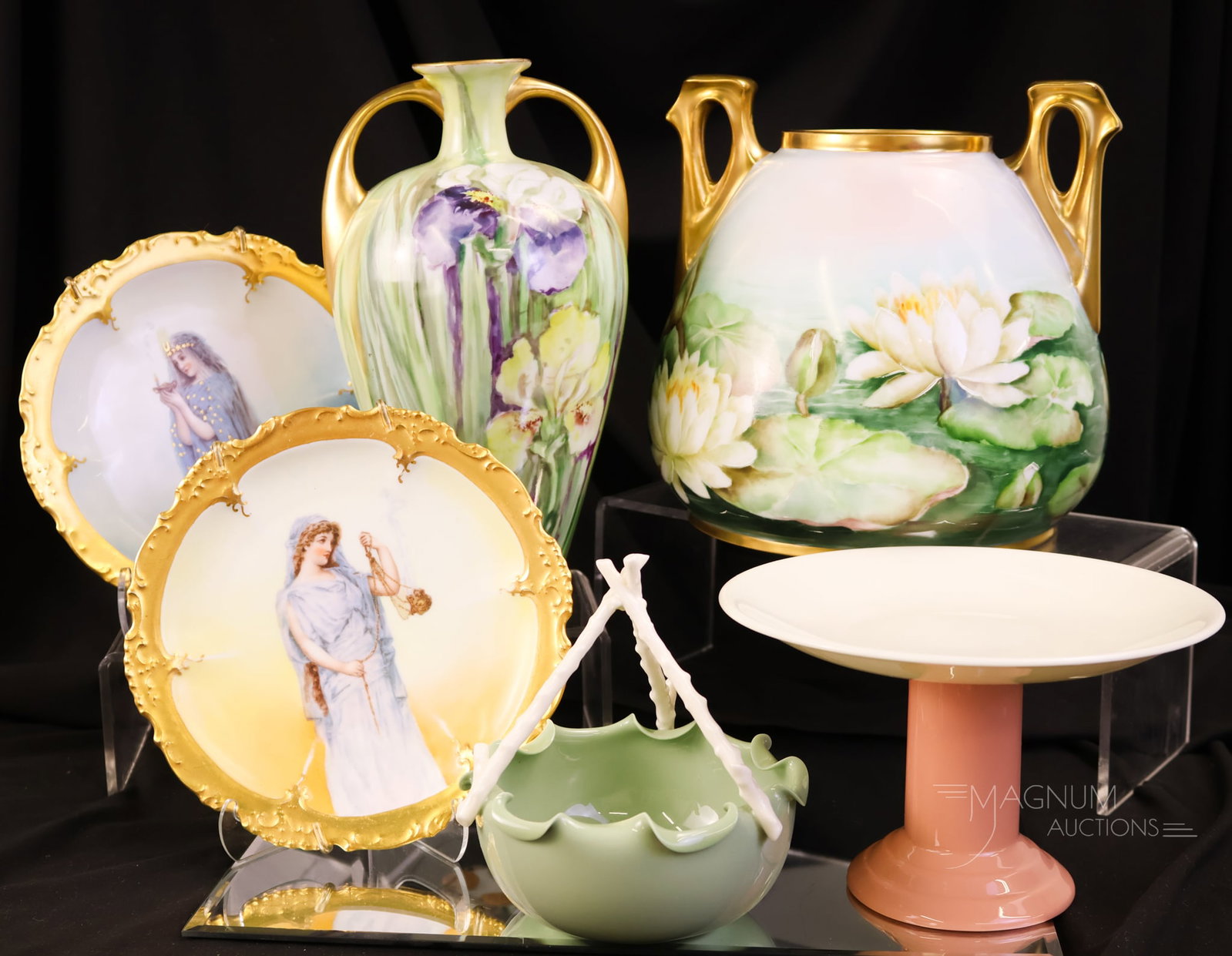 6 pc Lot Hand Painted Porcelain: Six selections in hand-painted porcelain that are sure to please. The pieces feature various flowers and genres. The tallest measures 9" tall.