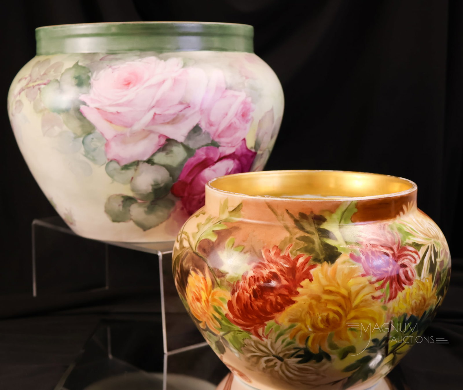 2 pc Lot France Hand Painted Porcelain Jardineres: Two nice finds in French hand painted porcelain jardineres for your bidding pleasure. The piece marked France is decorated with roses. The piece marked D & Co. has chrysanthemums. The tallest measures
