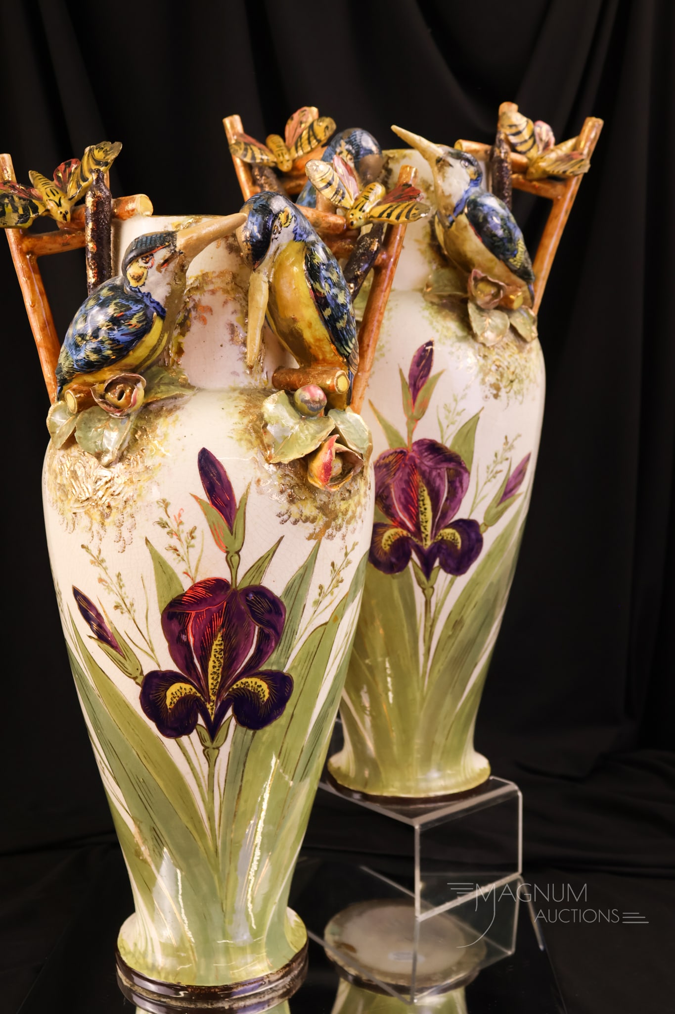 Pair Victorian Ceramic 18" Kingfisher Mantle Vases (1 of 12)