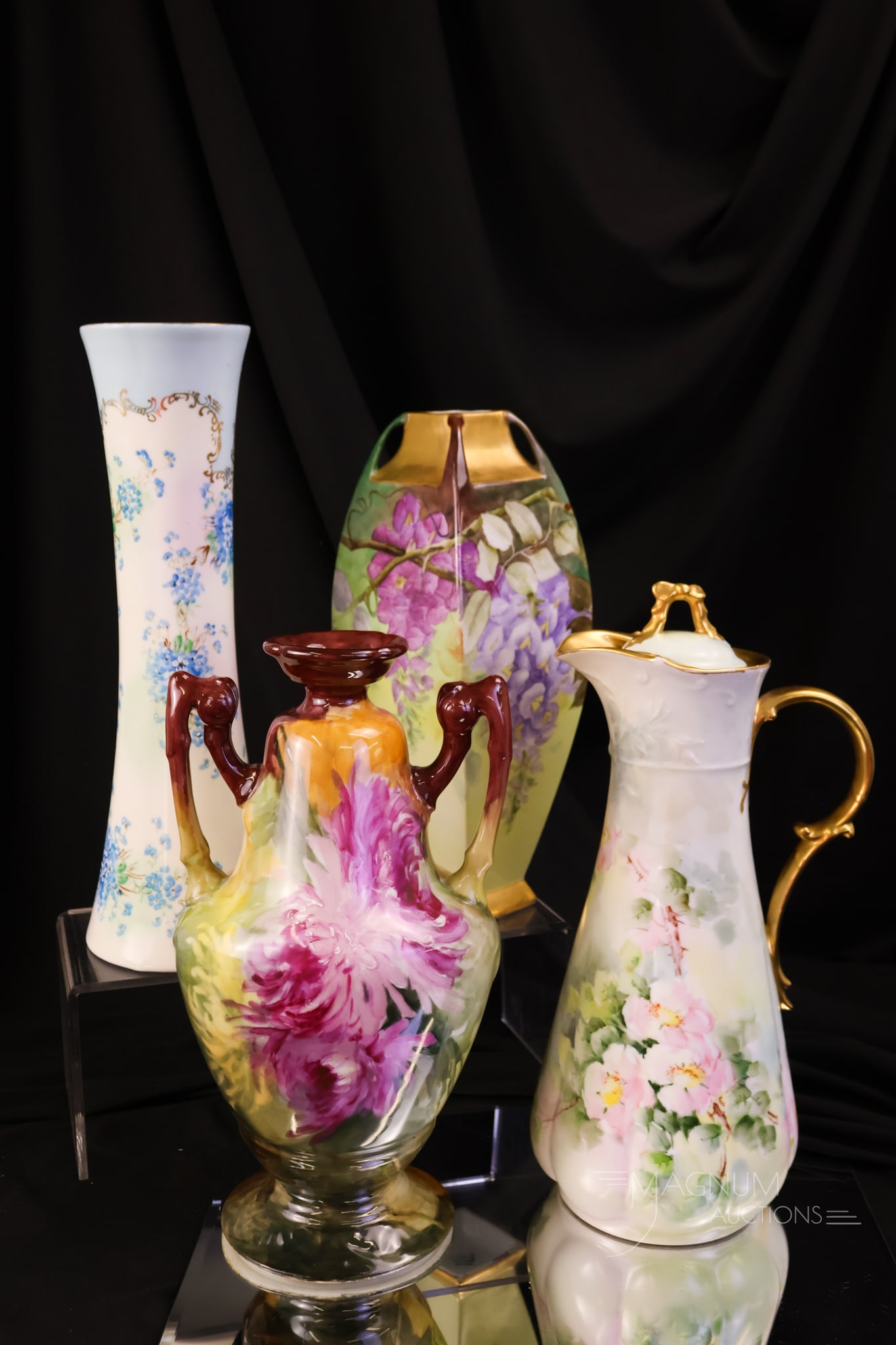 4 pc Lot Hand Painted Porcelain Limoges Bavaria & More: Four distinct finds in hand-painted porcelain for your bidding pleasure. This lot offers examples marked Bavaria, J.P.L. Limoges, and more. The tallest measures 11 1/2".
