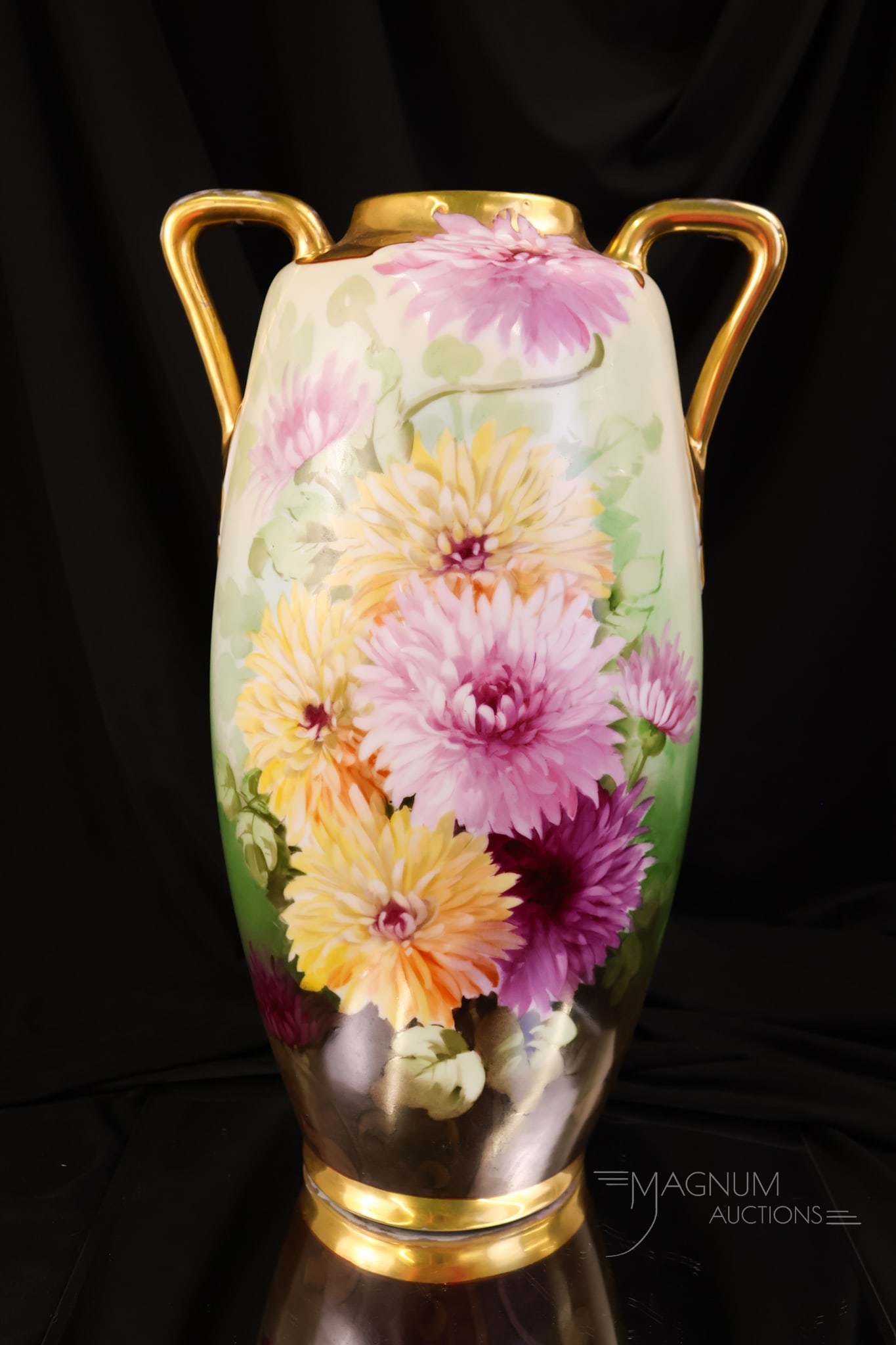 Austrian 16" Hand Painted Porcelain Chrysanthemum Vase: A large and impressive 16" tall Austrian hand-painted porcelain vase. This vase features double handles. It has a decoration of chrysanthemums. The vase is 9 1/4" wide.