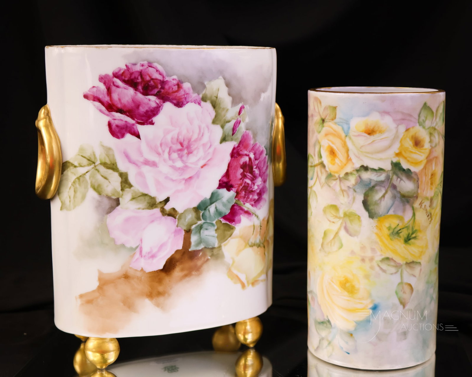 2 pc Lot Hand Painted Porcelain Rose Vases (1 of 9)