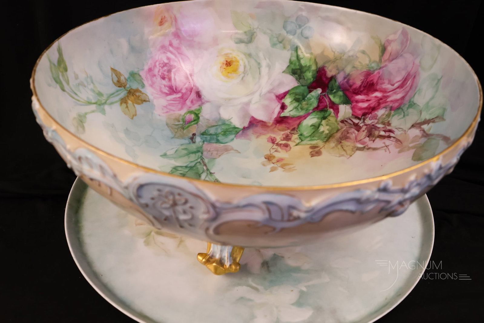 France Limoges Hand Painted Porcelain Roses Punch Bowl & Underplate (1 of 12)