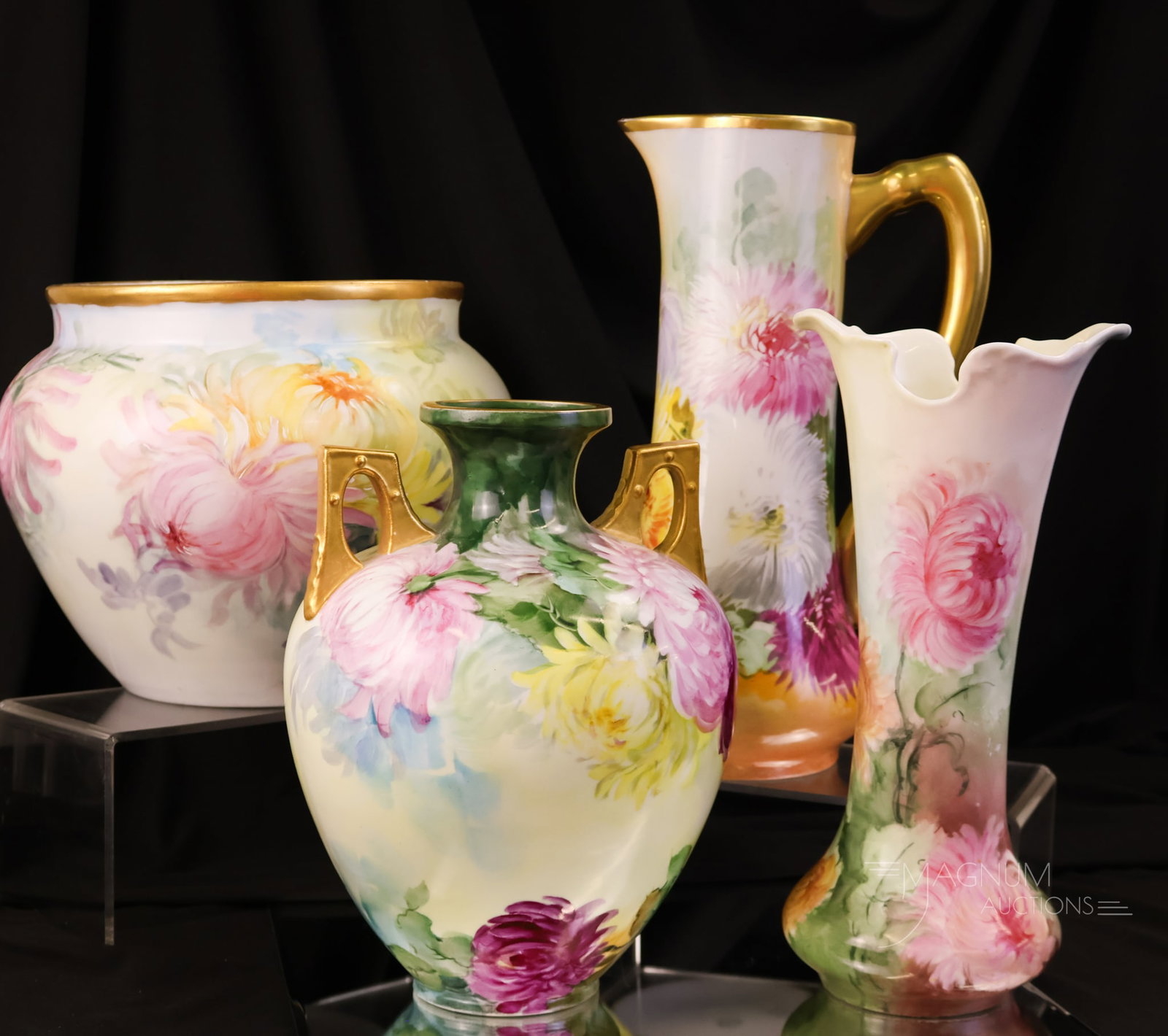 4 pc Lot Hand-Painted Porcelain Limoges & Austrian: Four beautiful finds in hand-painted porcelain for your bidding pleasure. All are decorated with chrysanthemums. Examples marked Limoges and Austria. The tallest measures 11 1/2".