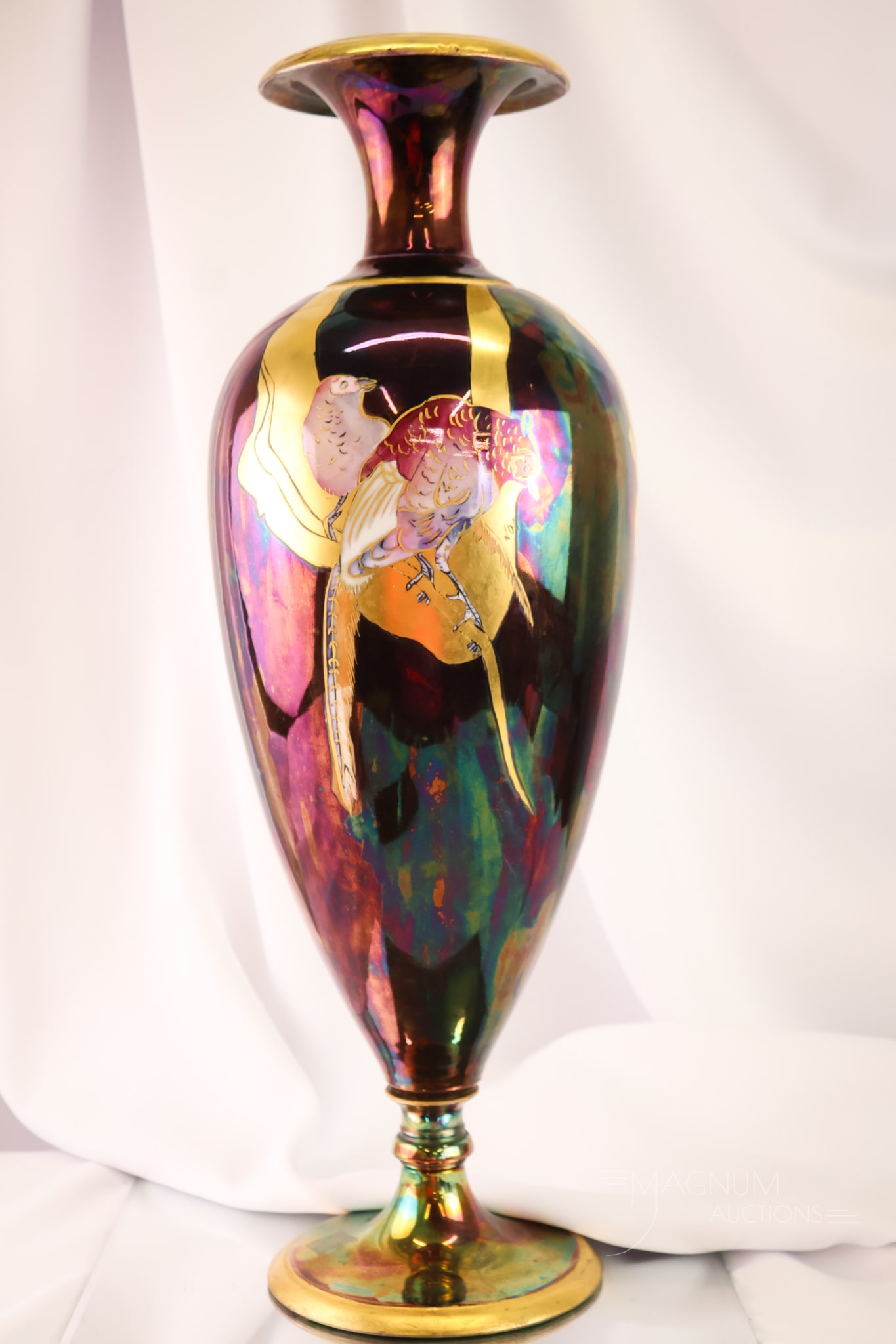 Rare W.G. & Co.Iridescent 22" Tall Hand Painted Birds Pedestal Vase: A rare find in decorated Limoges porcelain. This is a dark iridescent hand-painted vase with birds. Almost oriental in nature. The vase is embellished with gold. The gorgeous and unusual find measures