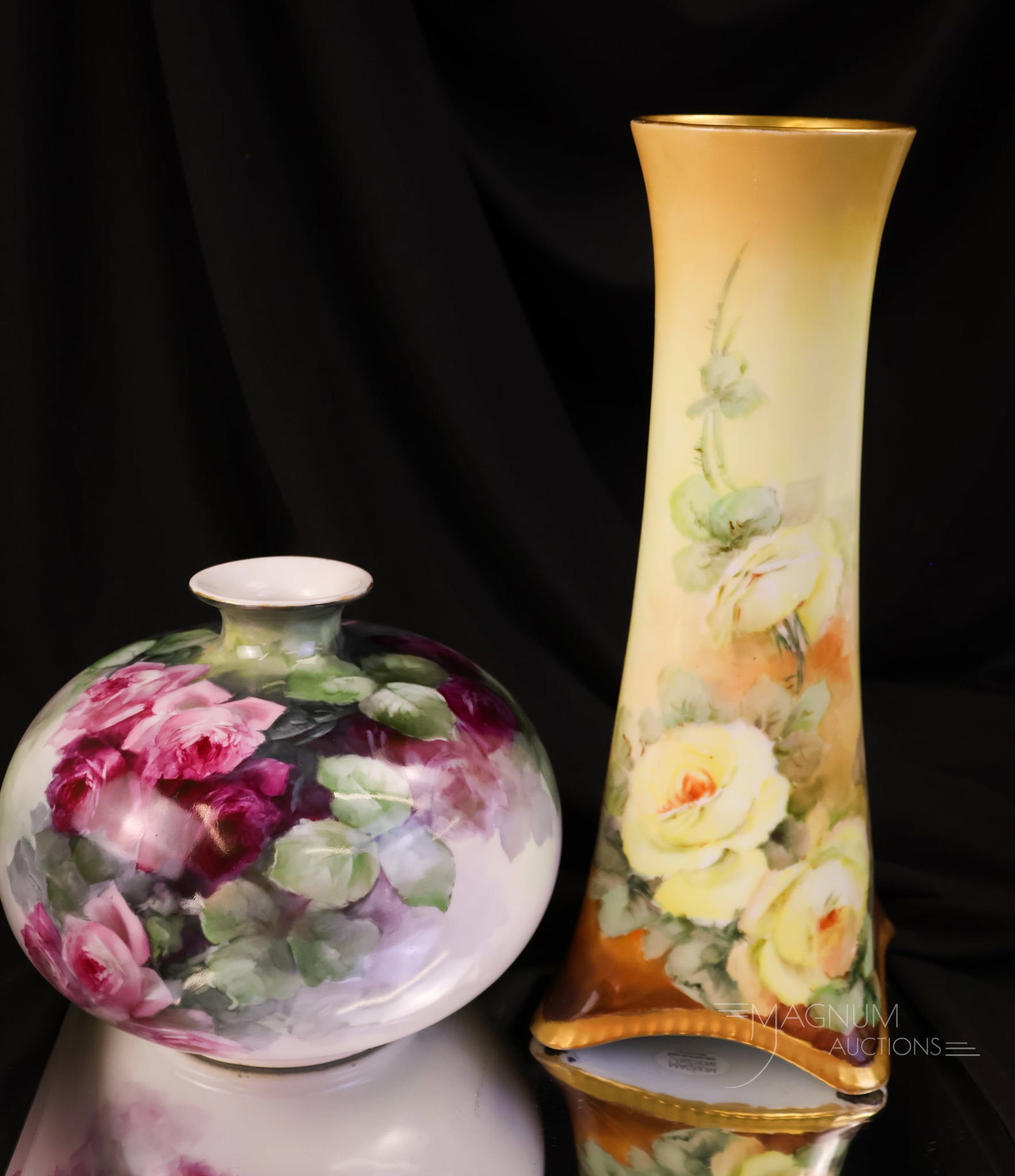 2 pc Lot Rose Hand Painted Porcelain Vases Limoges & Bavaria: Two beautiful finds in rose-decorated hand-painted porcelain. The first is a marked Bavaria vase with yellow roses. The second find is a marked T & V Limoges bulbous vase with pink roses. The tallest 