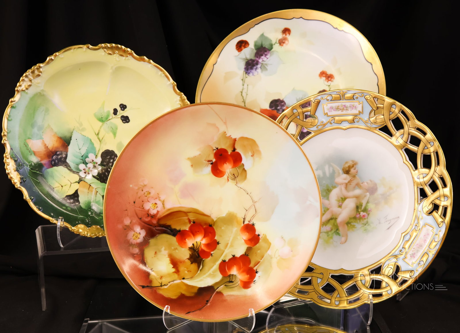 4 pc Lot hand Painted Porcelain Plates Blackberries Currants & Cherubim (1 of 9)