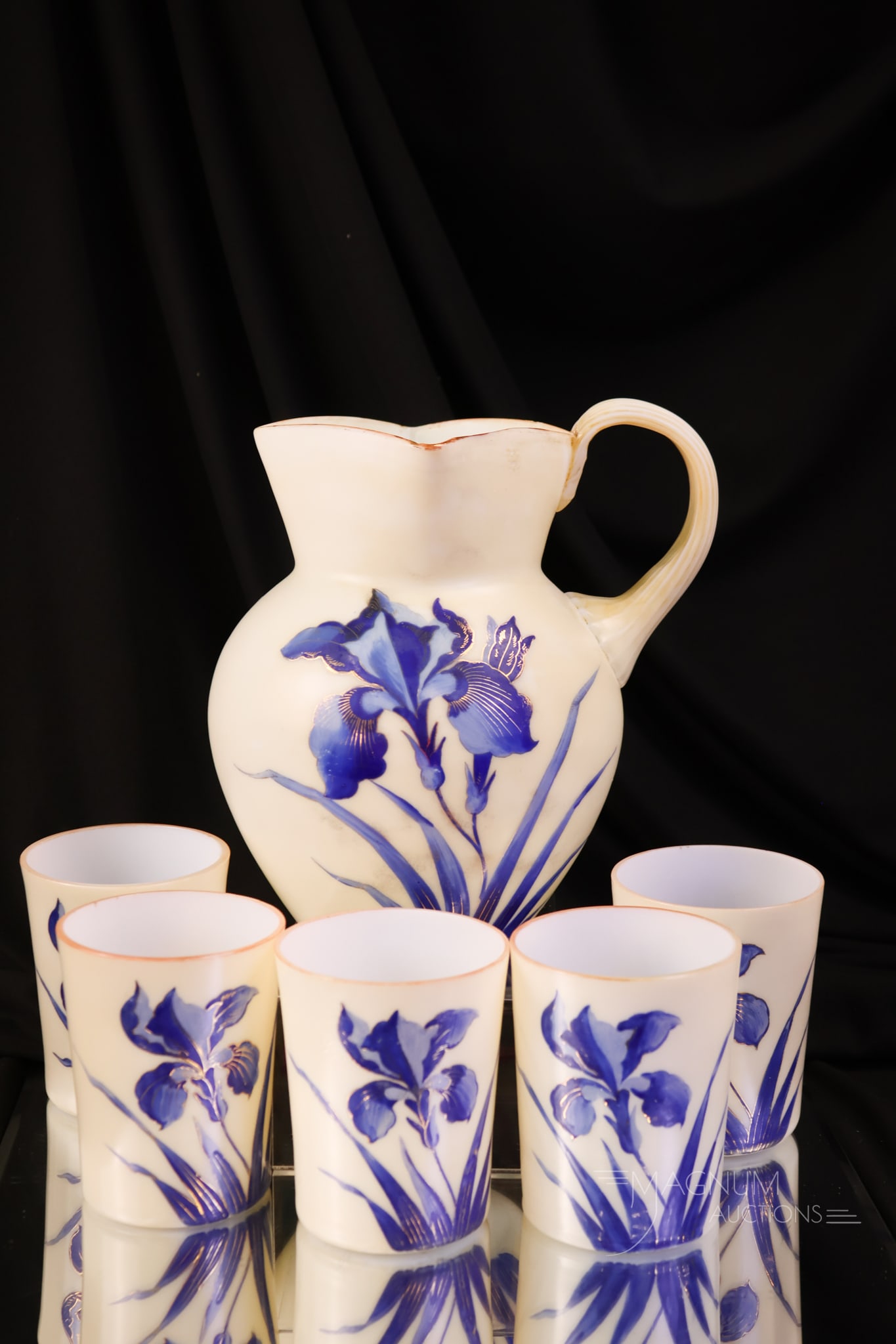 6 pc Set Victorian Decorated Water Set Cobalt Iris Enamel (1 of 9)