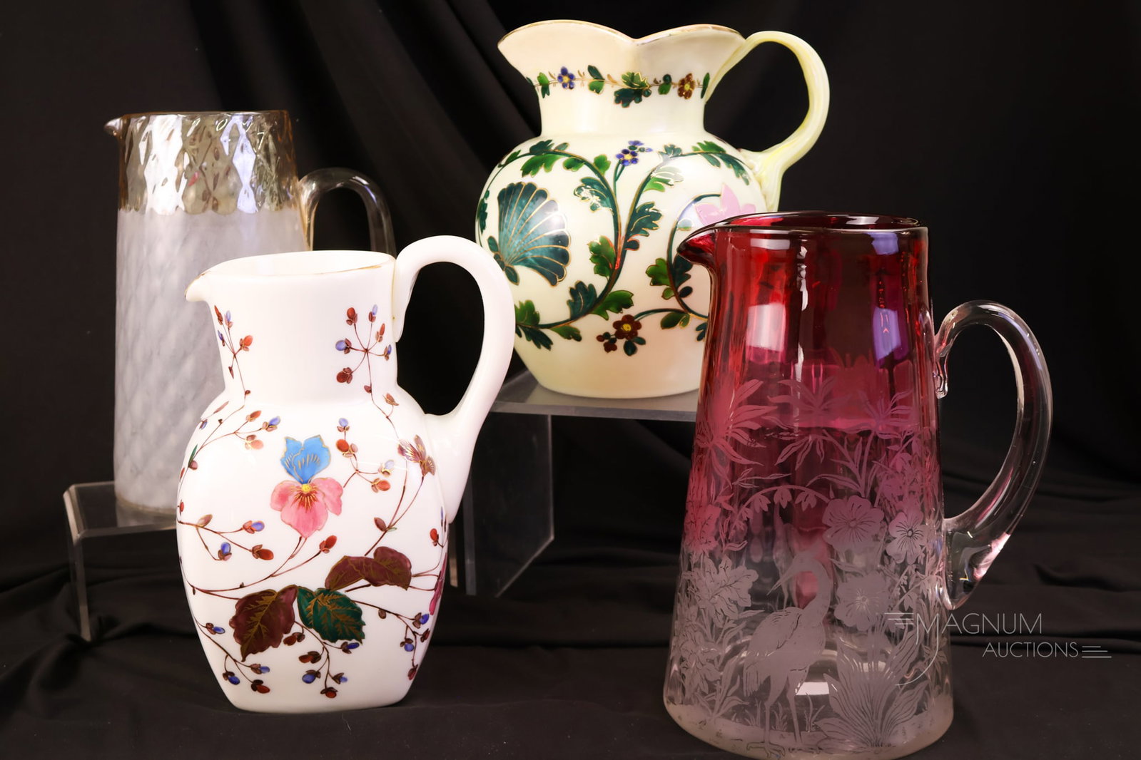 4 pc Lot Victorian Glass Water Pitchers Pomona Peachblow Enamelled and Rubina (1 of 9)