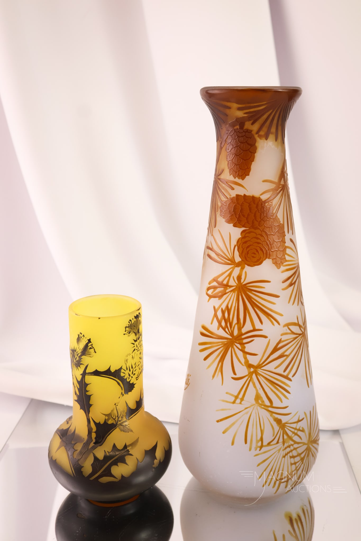 2 pc Lot Cameo Art Glass Vases in the Style of Galle': Two lovely finds in art glass cameo vases. These are in the sytle of Galle'. The tallest measures 11".