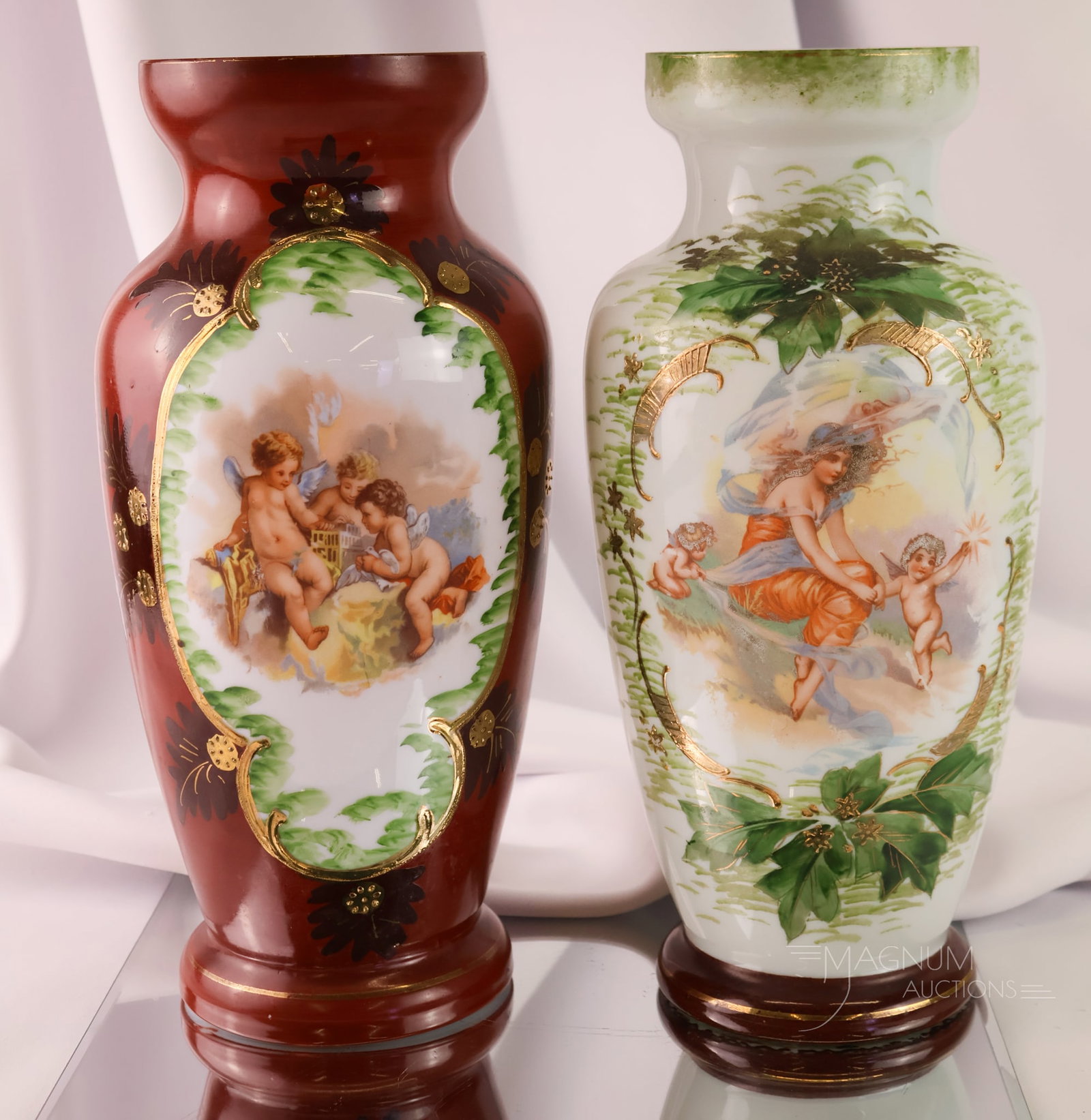 2 pc Lot Victorian Enamel Decorated Bristol Glass Mantle Vases Cherubs & More (1 of 4)