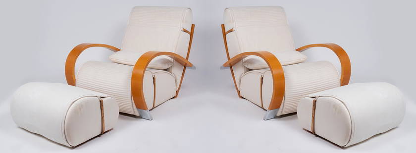 JAIME TRESSERRA CLAPÉS (Barcelona,: JAIME TRESSERRA CLAPÉS (Barcelona, 1943).Pair of armchairs and ottoman "Casablanca", 1987 design.Walnut wood and raw color upholstery.With stamp. This set, which includes two armchairs and two "Casab