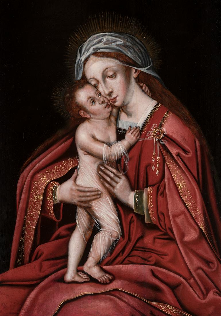 AMBROSIUS BENSON School; around 1600. (Lombardy, active: AMBROSIUS BENSON School; around 1600. (Lombardy, active in Bruges since 1518 - Bruges, 1550)."Virgin with Child".Oil on oak panel.The frame follows old models. Carved and ebonized wood, 20th century.I