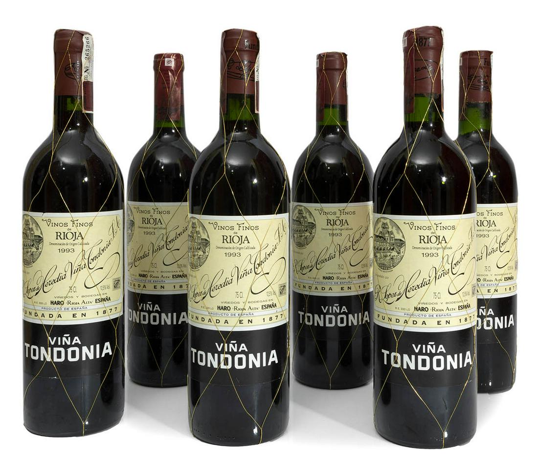 Six bottles of LÃ³pez de Heredia ViÃ±a Tondonia, 1993: Six bottles of LÃ³pez de Heredia ViÃ±a Tondonia, 1993 vintage.Category: red wine. DO. Rioja.Level: B-D.Founded in 1877 and located in the neighborhood of La EstaciÃ³n in Haro, ViÃ±a Tondonia i
