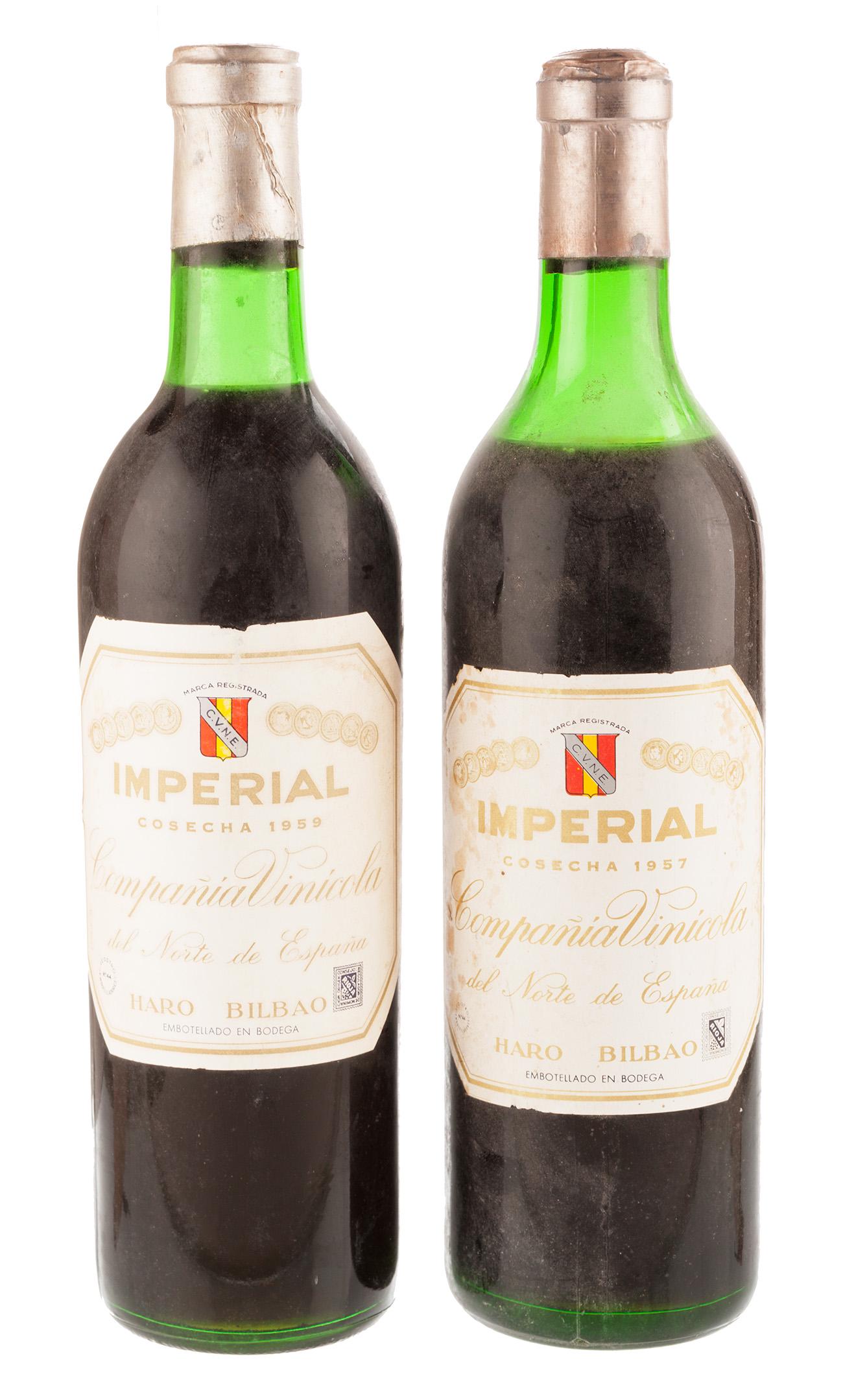 Two bottles of Imperial Reserva 1959 and 1957.: Two bottles of Imperial Reserva 1959 and 1957. Category: red wine. DO Rioja Level: B-C Imperial is one of the great wines of Spain, a classic Rioja wine born in the 1920s. Imperial is only made when t