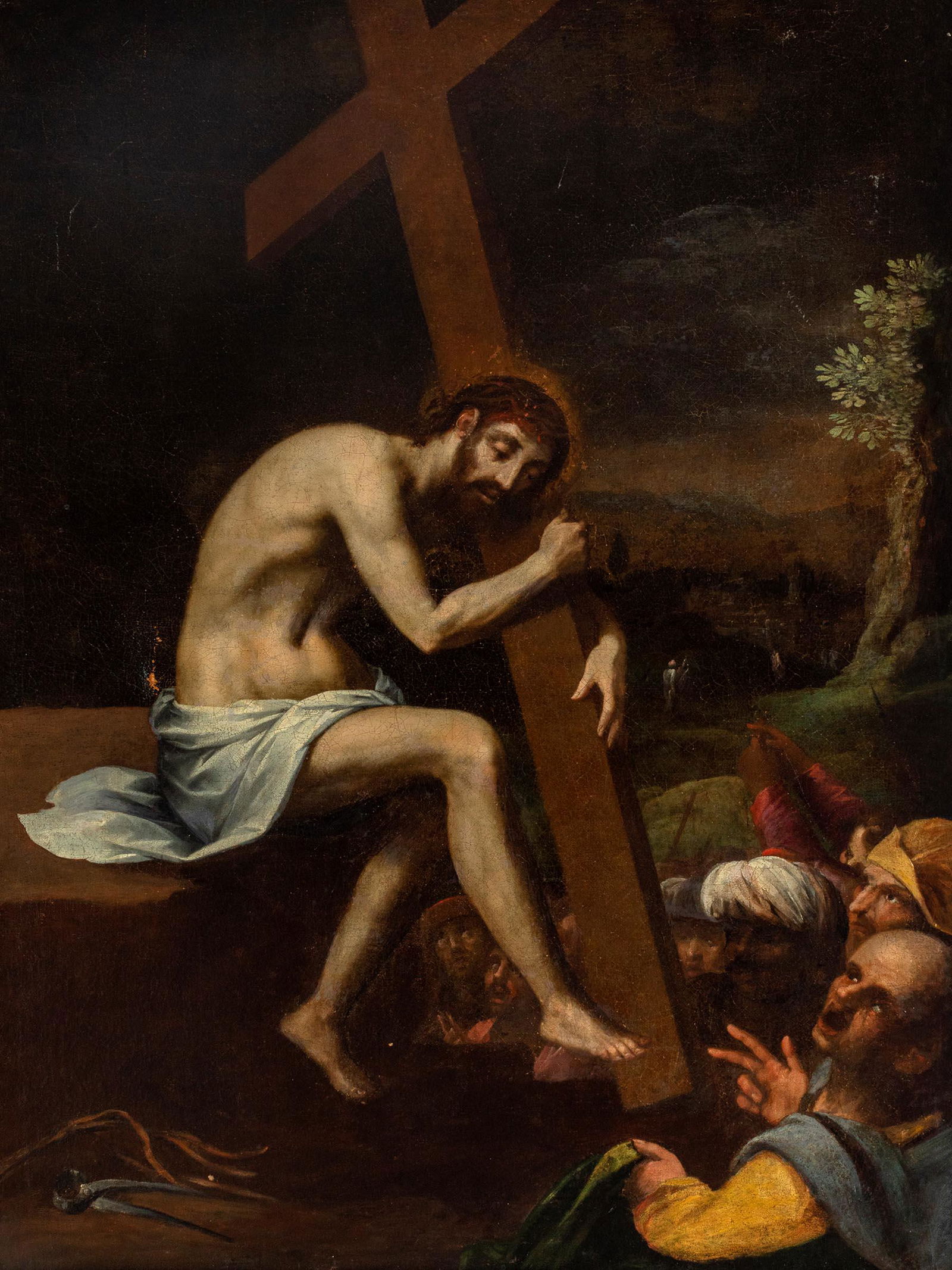Spanish school of the early seventeenth century. School: Spanish school of the early seventeenth century. School of VICENTE CARDUCHO (Florence, 1576 or 1978 - Madrid, 1638)."Christ embraced the cross."Oil on canvas. Relined.Measurements: 118 x 88.5 cm; 113.