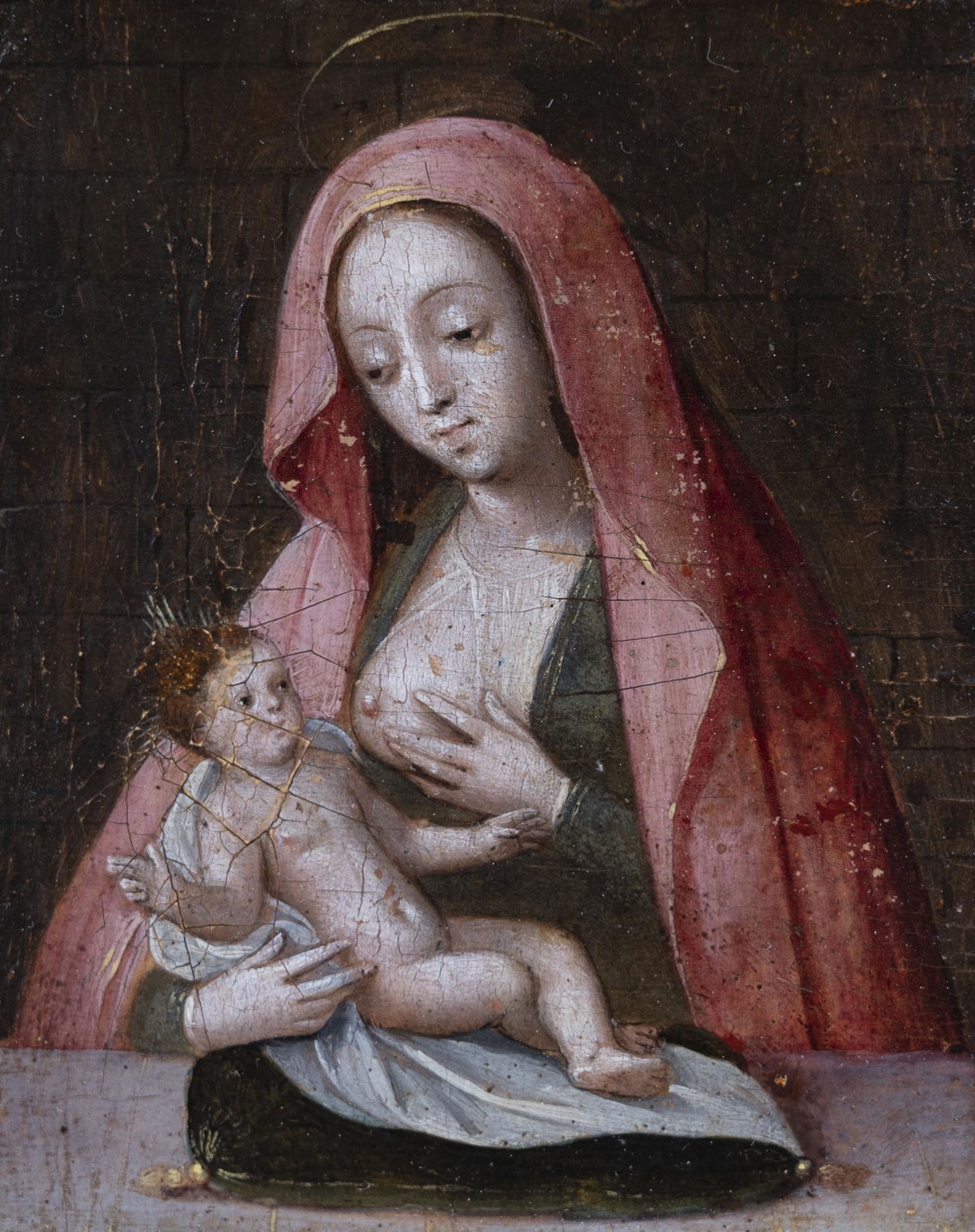 Flemish school from the second third of the 16th: Flemish school from the second third of the 16th century. Follower of AMBROSIUS BENSON (Lombardy Region ?, c. 1490-1500 - Bruges, 1550)."Virgin of the milk".Oil on panel.With period frame inserted in