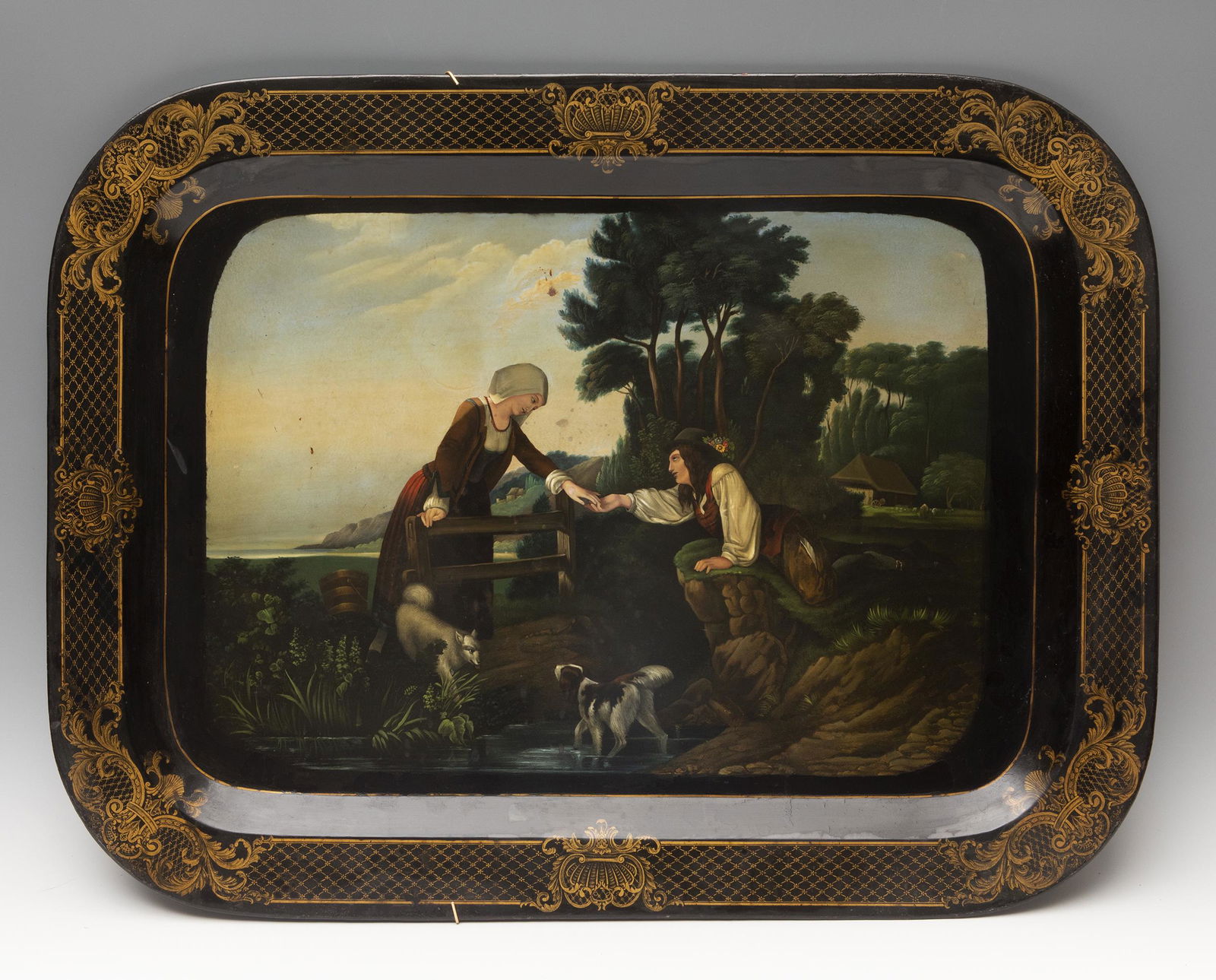 Central European tray, ca. 1850.  Painted brass. (1 of 4)