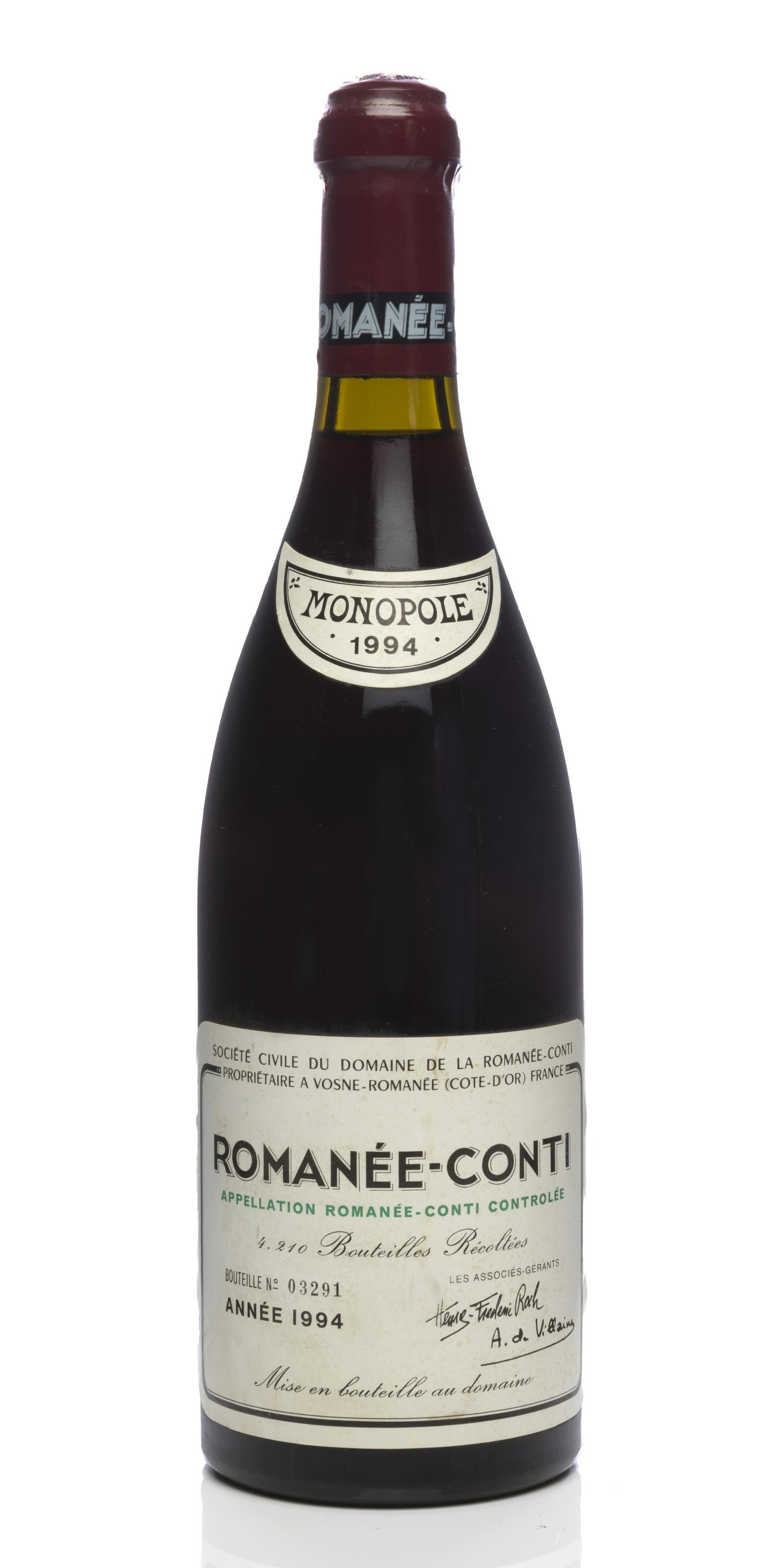 Bottle of RomanÃ©e Conti, Domaine de la RomanÃ©e Conti,: Bottle of RomanÃ©e Conti, Domaine de la RomanÃ©e Conti, Vintage 1994. Grand Cru. Category: red wine. A.O.C. Vosne-RomanÃ©e, CÃ²te dÂ´Or (France). Level: A/B. Bottle No.: 03291/4210 75 cl.Dom