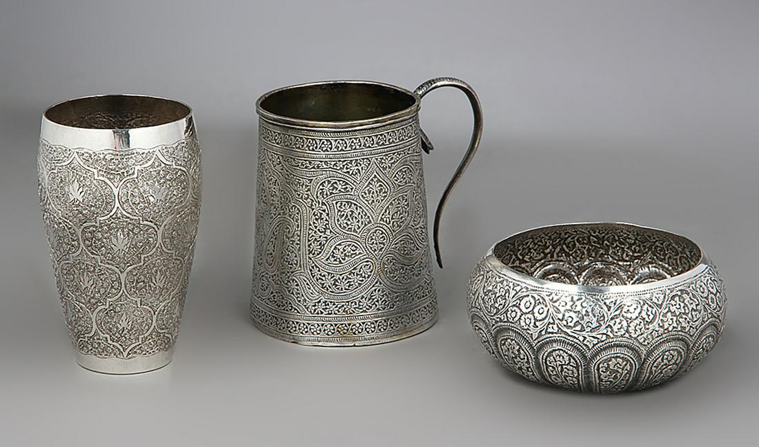 Pitcher, beaker and bowl; Kashmir, 1800-1900. Silver. (1 of 5)
