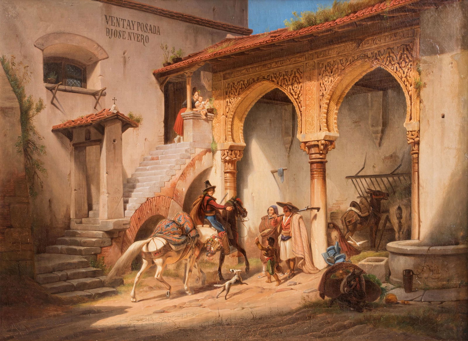 WILHELM GAIL (Munich, 1804-1890). "A Stop at JosÃ©: WILHELM GAIL (Munich, 1804-1890)."A Stop at JosÃ© Nuero's Inn", Andalusia, 1834.Oil on canvas. Re-coloured.Signed and dated in the lower right corner.Measurements: 50 x 65 cm; 75 x 90 cm (frame).Wil