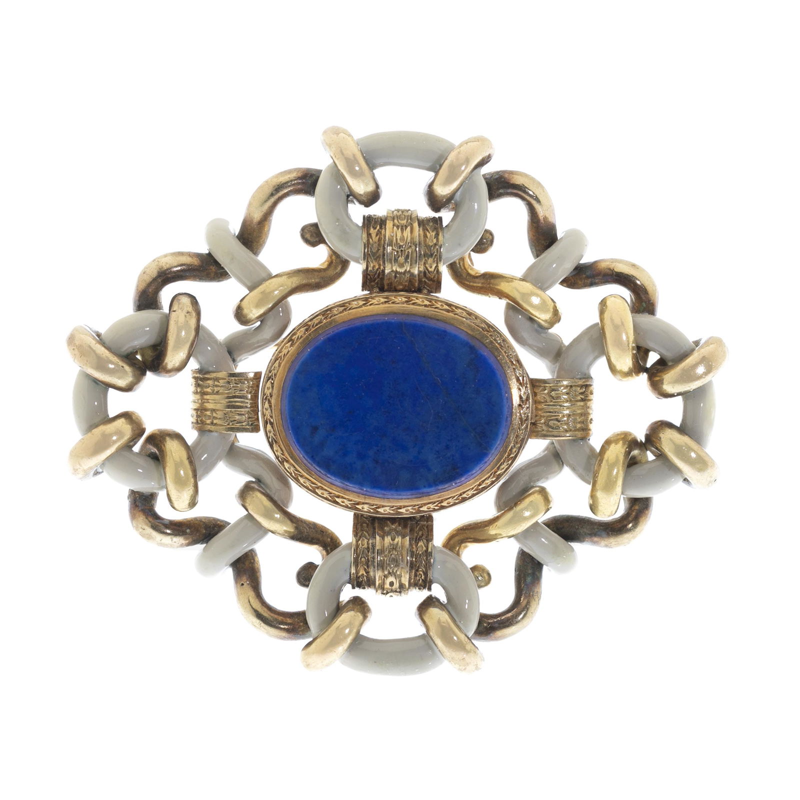 Brooch in 18k yellow gold. France, mid-19th century.: Brooch in 18k yellow gold. France, mid-19th century. With bevelled oval lapis lazuli in the centre, framed by a cross-shaped bracket frontispiece, beige enamel sailor's knots and tubular rings. This i