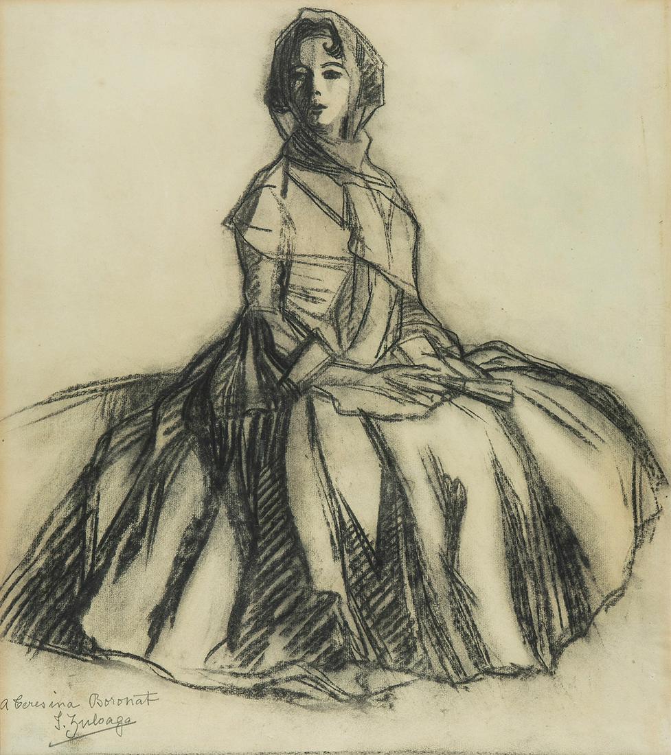IGNACIO ZULOAGA Y ZABALETA (Eibar, Guipuzcoa, 1870 -: IGNACIO ZULOAGA Y ZABALETA (Eibar, Guipuzcoa, 1870 - Madrid, 1945)."Female portrait.Charcoal on paper.Signed and dedicated to Teresina Boronat, dancer from Barcelona, in the lower left corner.Measurem