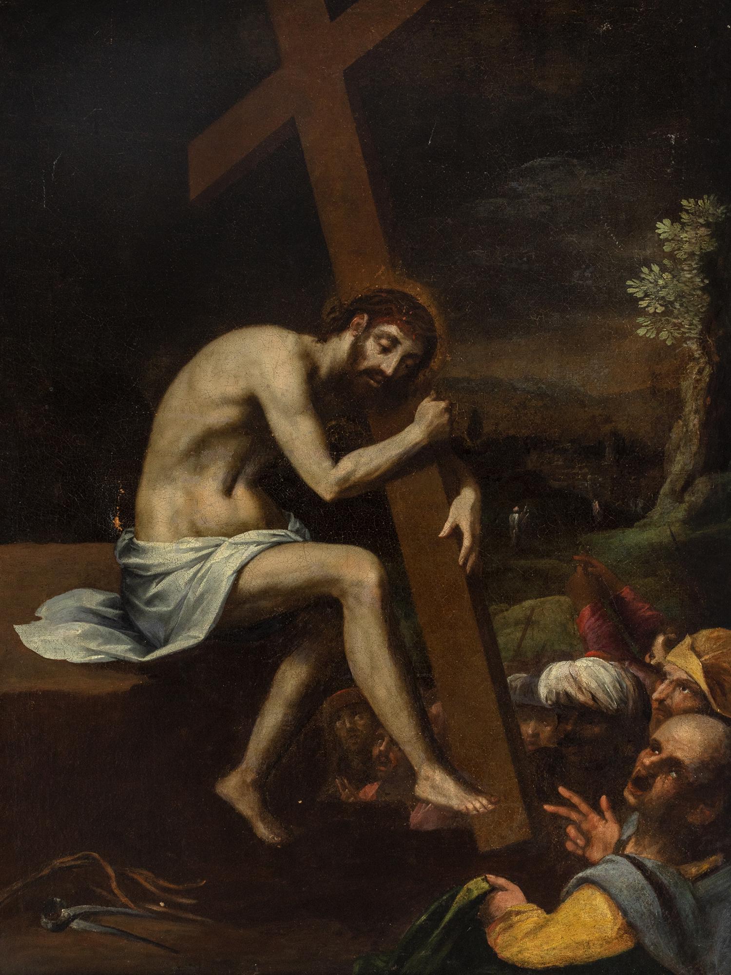 Spanish school of the early seventeenth century. School: Spanish school of the early seventeenth century. School of VICENTE CARDUCHO (Florence, 1576 or 1978 - Madrid, 1638)."Christ embracing the cross".Oil on canvas. Relined.Measurements: 118 x 88,5 cm; 113