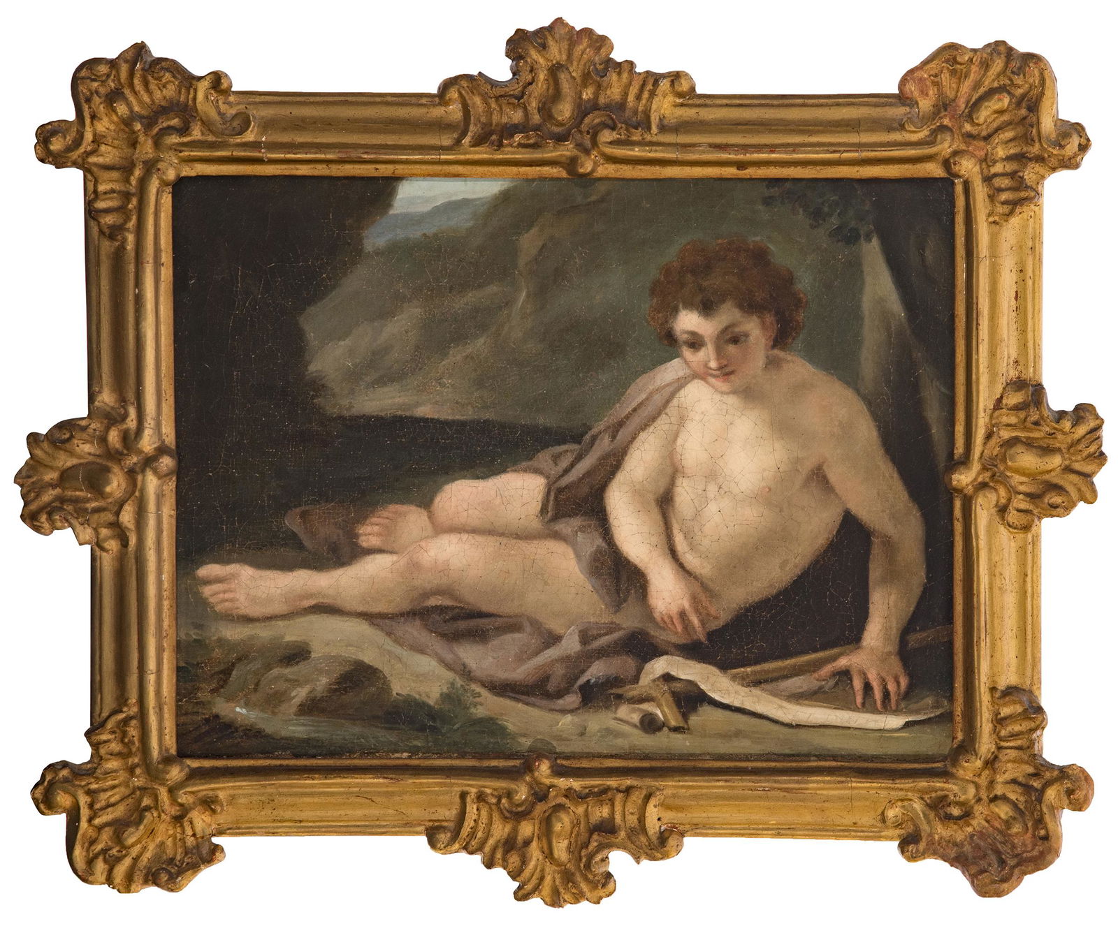 Circle of ANTON RAPHAEL MENGS (Aussig, Bohemia,: Circle of ANTON RAPHAEL MENGS (Aussig, Bohemia, 1728-Rome, 1779)."St. John the Baptist."Oil on canvas. Relined.It presents restorations.Measurements: 28.5 x 35.5 cm; 39 x 49 cm (frame).The work in que