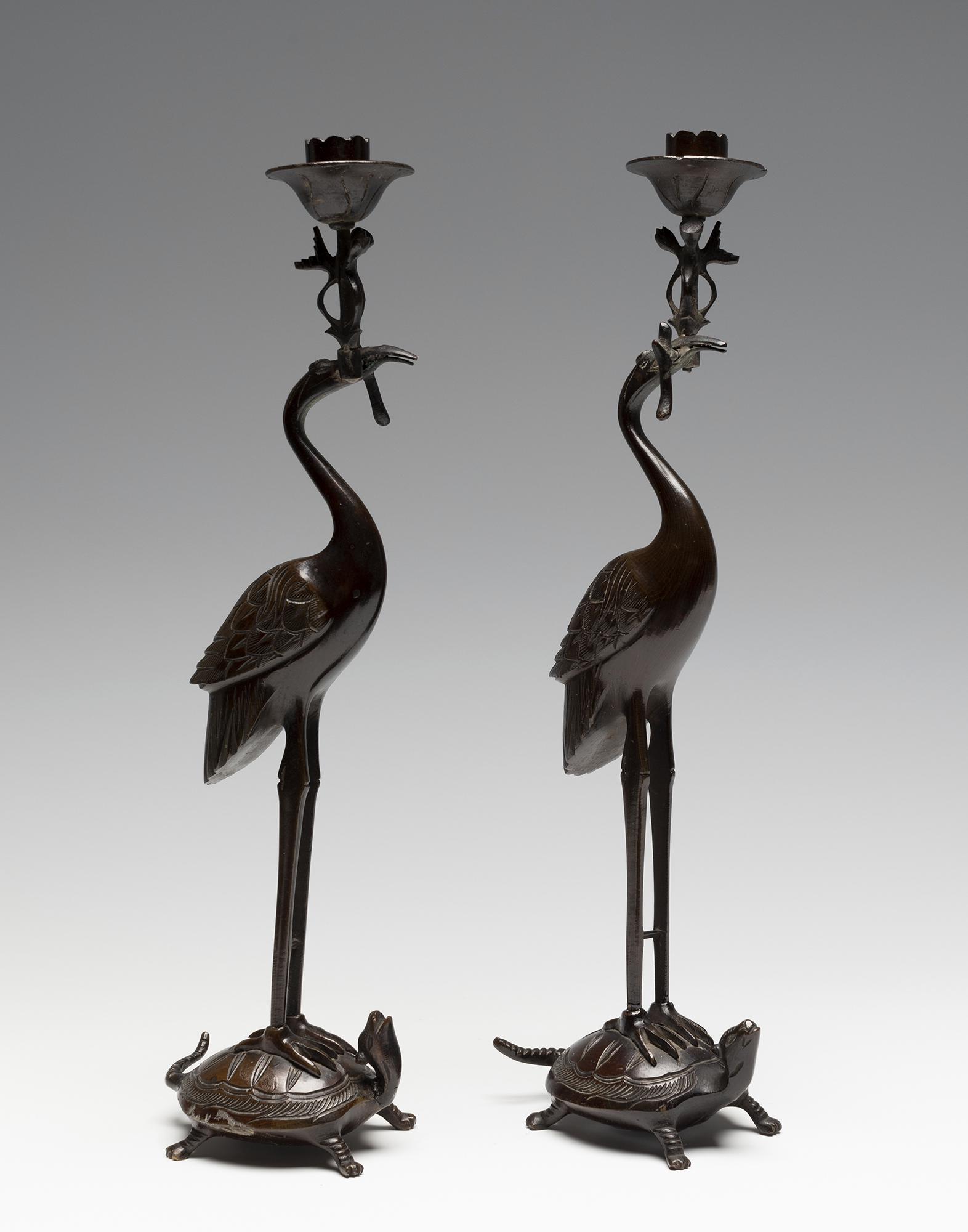Candlesticks in the form of cranes on turtles. Japan, (1 of 2)