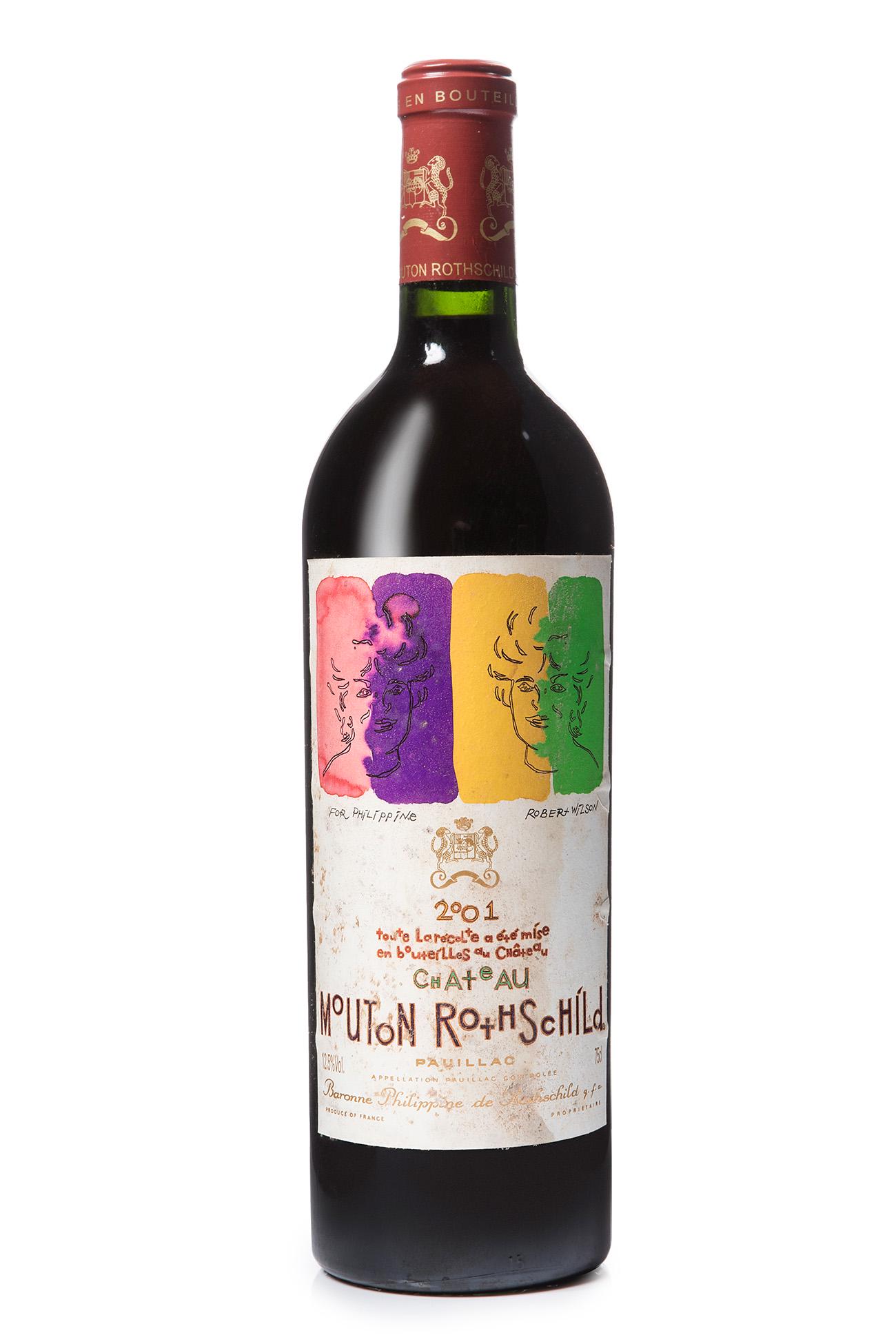 A bottle of ChÃ¢teau Mouton Rothschild, 2001 vintage.: A bottle of ChÃ¢teau Mouton Rothschild, 2001 vintage. Label illustrated by Robert Wilson. Category: red wine. Pauillac, Bordeaux. Premier Cru ClassÃ©. Level: A-B. Considered one of the finest wine