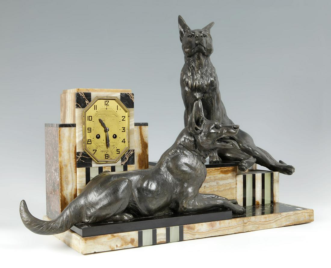 Art Deco clock; France, ca. 1928.  Marble and bronze. (1 of 6)