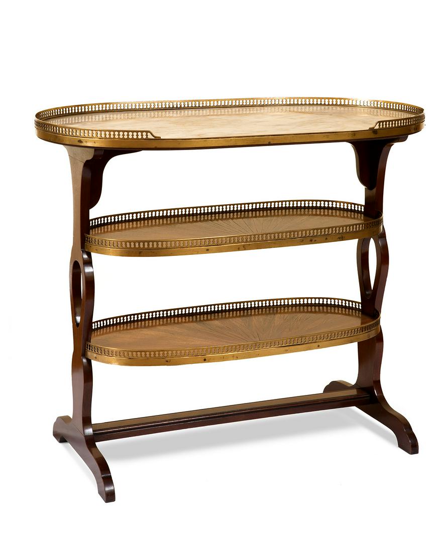Etargere table, Louis XVI Style, mid-20th century.: Etargere table, Louis XVI style, mid-20th century. Wood, marble and gilded bronze. Measurements: 78 x 81 x 49 cm. Etargere table supported on two feet joined in the centre. The table consists of three