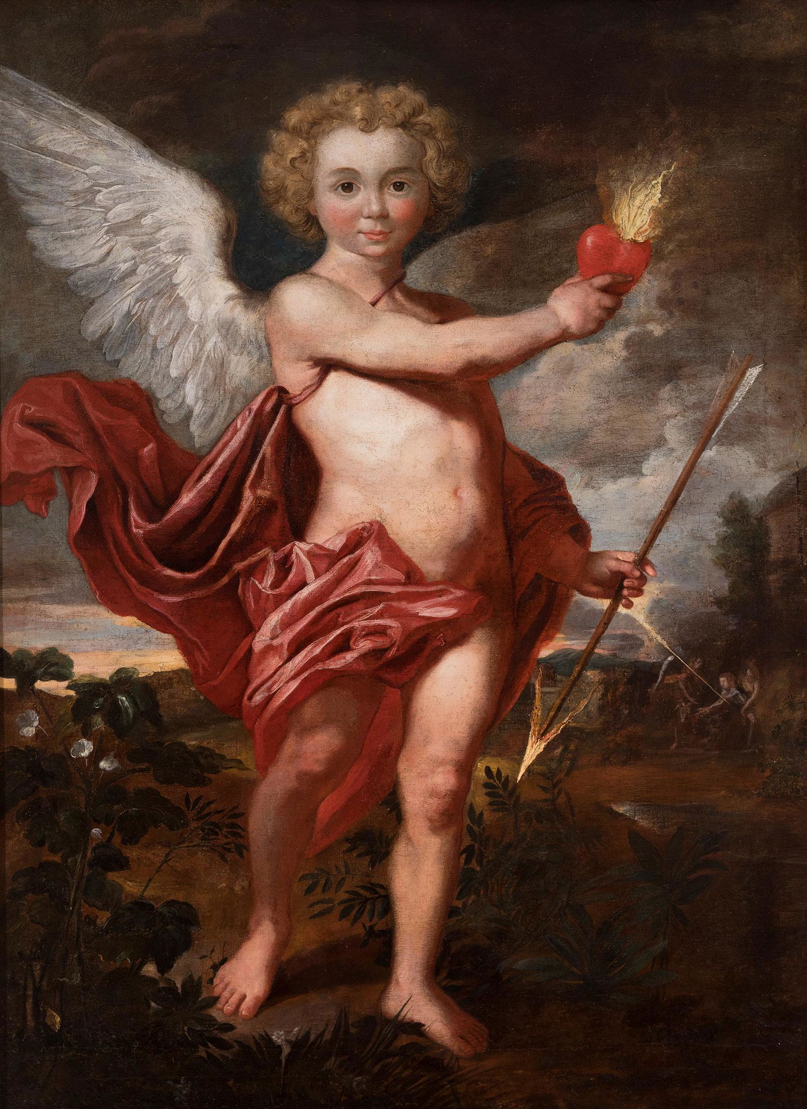 Attributed to JAN BOECKHORST (MÃ¼nster, 1604 â€“ Antwerp, 1668) "Cupid". Oil on canvas. Relined. It: Attributed to JAN BOECKHORST (MÃ¼nster, 1604 - Antwerp, 1668) "Cupid". Oil on canvas. Re-tinted. It has repainting and restorations. Measurements: 127 x 95 cm; 132 x 99 cm (frame). In the centre of