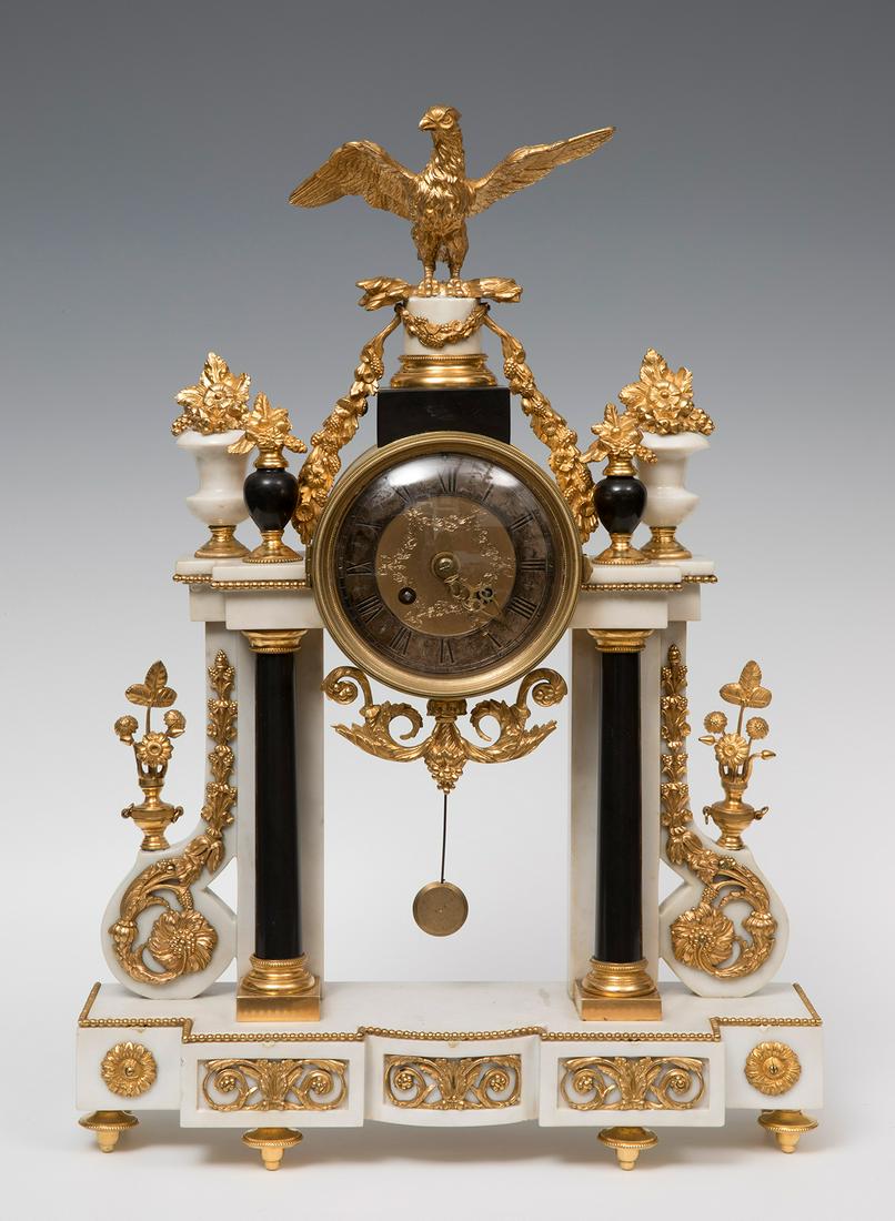 Louis XVI style portico clock; late nineteenth century. Gilt bronze and marble. Keep key. (1 of 7)