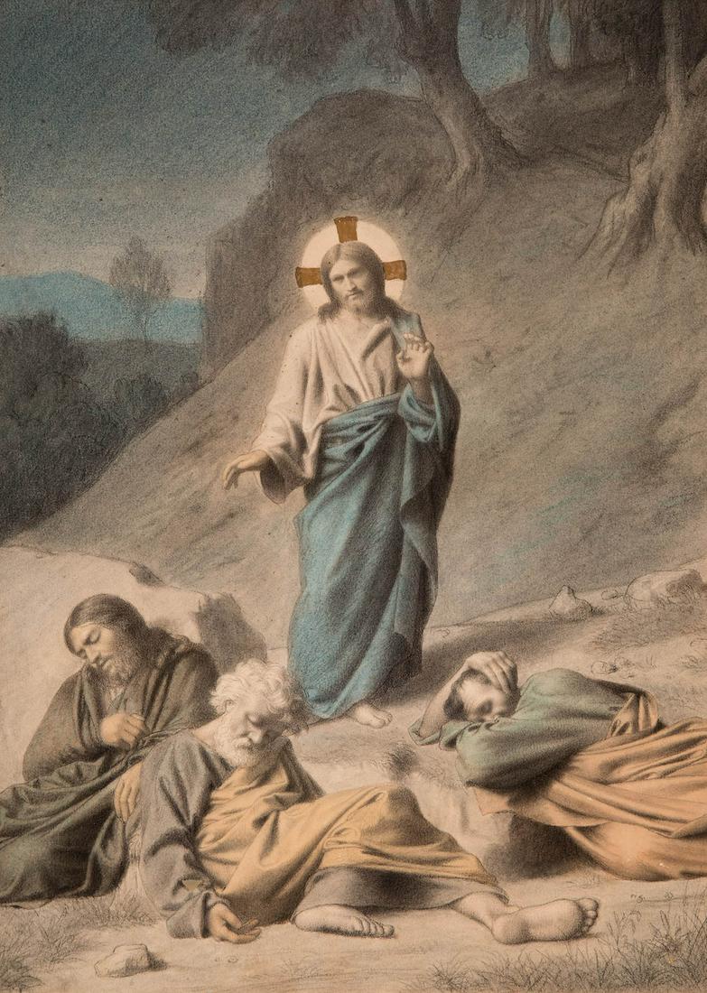 French school; mid-19th century. "The garden of olive trees", Colored pencils and graphite on paper. (1 of 4)