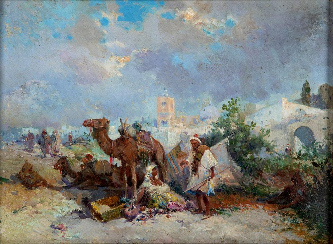 Orientalist school of the 19th century. "On the outskirts of the city".  Oil on hardboard. (1 of 4)