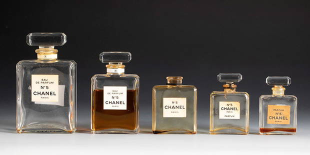 "Chanel No. 5", fragrance by CHANEL. France, second half of the 20th century. Moulded glass bottles.: "Chanel No. 5", fragrance by CHANEL. France, second half of the 20th century. Moulded glass bottles. Provenance: Spanish private collection, formed between 1970 and 1995. Wear due to use and the