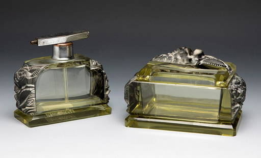 Perfume atomiser and powder box. Art Deco.  Bohemia, Czechoslovakia, ca. 1925. Moulded glass.  With: Perfume atomiser and powder box. Art Deco. Bohemia, Czechoslovakia, ca. 1925. Moulded glass. With inscription on one of them "Tchecoslovakie" on the stopper. Provenance: Spanish private collection, fo