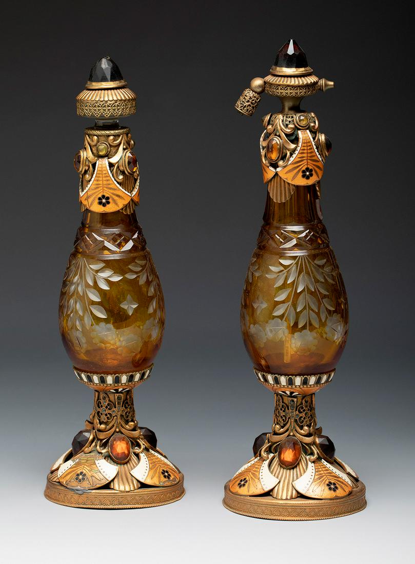 Art. Nouveau perfume holder and atomiser. Bohemia, Czechoslovakia, ca. 1900 Glass, metal and enamel. (1 of 7)