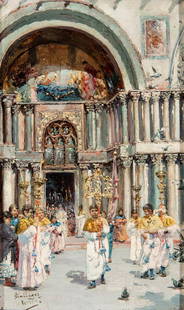 JOSÃ‰ GALLEGOS Y ARNOSA (Jerez de la Frontera, CÃ¡diz, 1857 â€“ Anzio, Italy, 1917). Procession in: JOSÃ‰ GALLEGOS Y ARNOSA (Jerez de la Frontera, CÃ¡diz, 1857 - Anzio, Italy, 1917). "Procession in Venice in front of the Basilica of San Marco. Oil on panel. Signed and located (Venice) in the