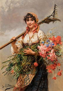 DANIEL HERNÃNDEZ (Salcabamba Peru, 1856 â€“ Lima, 1932) â€œJornalera with bunch of flowersâ€. Oil: DANIEL HERNANDEZ (Salcabamba Peru, 1856 - Lima, 1932) "Woman labourer with a bunch of flowers". Oil on panel. With labels on the back of Mac Connal- Mason & Son, (London). Signed in the lower left