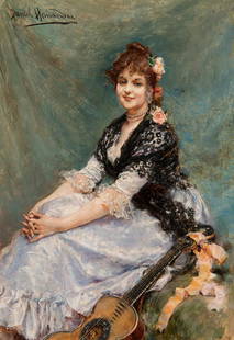 DANIEL HERNÃNDEZ (Salcabamba Peru, 1856 â€“ Lima, 1932) "Miss with guitar and mantilla". Oil on: DANIEL HERNANDEZ (Salcabamba Peru, 1856 - Lima, 1932) "Miss with guitar and mantilla". Oil on panel. Signed in the upper left corner. Measurements: 35 x 17 cm; 36,5 x 28 cm (frame). Peruvian painter