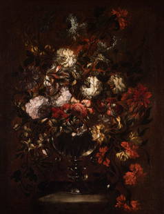 GABRIEL OF THE COURT (Madrid, 1648 â€“ 1694). "Jar with flowers". Oil on canvas. Relined. It has: GABRIEL DE LA CORTE (Madrid, 1648 - 1694). "Vase with flowers". Oil on canvas. Re-coloured. It has repainting and 20th century frame. Measurements: 84 x 63 cm; 102 x 82,5 cm (frame). This canvas